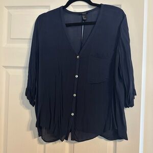 Forever 21 Blue Notched Collar Blouse with 3/4 Sleeves